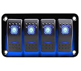 GIDREN 4 Gang Wippschalter Panel 12V/24V Schalter Panel 5 Polig EIN Aus Wasserdicht Kippschalter Panel mit Blauem LED Licht Schaltplan Gummiunterlegscheibe für Auto RV Marine Boot LKW