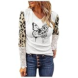 Damen Leopard Briefdruck Oberteile Shirts für Valentinstag V-Ausschnitt Pullover Sweatershirt Elegant Langarmshirt Bluse Tops Stretch Longshirt Langarm Spitze Jumper Blusenshirt Outw