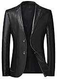 HYISHION Herren Leder-Sakko Slim Fit Anzugjacken Blazer Eleganter Freizeitanzug einreihig EIN Knopf Lederanzug Jacke Casual Fashion einfarbig Mantel,Schwarz,XXL