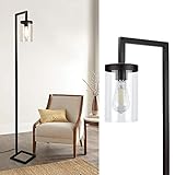 Depuley LED Stehlampe Schwarz mit Fußschalter, Retro Minimalistische Stehleuchte, E27 Leselampe Wohnzimmer, 110-240V, Max.60W, Glas & Metall, Standlampe im nordischen Stil für Schlafzimmer Büro S