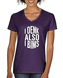 Comedy Shirts - I Denk Also I bims - Damen V-Neck T-Shirt - Lila/Weiss Gr. S