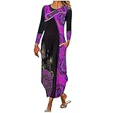 Briskorry Damen Kleider Elegant Bedrucktes Rundhals Langarm Festlich Kleid Strandkleider Lose Freizeitkleid Mit Taschen Cocktailkleid Ethno S