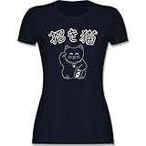 Katzen - Winkekatze- Japanisch - XL - Navy Blau - Shirt japanisch Damen - L191 - Tailliertes Tshirt für Damen und Frauen T-S