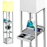 SUNMORY Stehlampe Wohnzimmer, Stehlampe mit Regal aus Massivholz, 3 Farbtemperaturen, 2 USB-Ladeanschlüsse und 1 Schublade, Stehlampen für Wohnzimmer, Schlafzimmer, Stehlampe Grau（Mit Glühbirne）