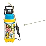 Gloria Drucksprüher AutoPump Set | Gartenspritze | 5 L Füllinhalt | Sprühgerät mit Batterie-/Akku-Betrieb & Messing-Verlängerungsrohr Typ 110 | 1 m Länge | 0,9 cm D