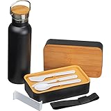 Set aus Trinkflasche und Lunchbox | Thermosflasche aus Edelstahl | Nachhaltige Brotbox aus Weizenstroh mit Bambusdeckel | Bento | Für Erwachsene & Kinder | für Schule, Arbeit, Uni, Wandern | Schw