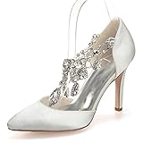 GIVROLDZ Damen Spitze Zehe Hochzeitsschuhe Bequem Satin Hohem Absatz Strass Fesselriemen Brautjungfernschuhe Abend Party Brautschuhe,Elfenbein,42