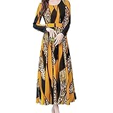 Routinfly Damen Langarm Kleider Maxikleid Abendkleid Vintage Ethnischer Stil Rundhal Leopardenmuster Druck
