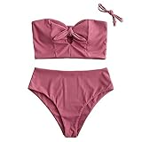 ZAFUL Damen Einfarbiger Trägerlos Bandeau Bikini Set Gerippter gebunden Tankini High Waist Badeanzug(Rosa,M)