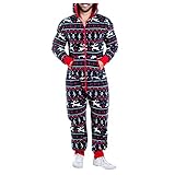 Herren Weihnachten Einteiler Schlafanzug Onesie Schlafoveralls Mit Kapuze & Reißverschluss Langarm Morgenmantel Kuscheliger Strampler Bademantel für Männer Schlafanzug Hausanzug Jumpsuit Sleepw