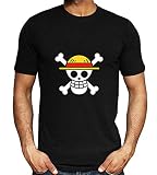 Roffatide Anime One Piece Straw Hat Pirates T-Shirt für Männer 100% Baumwolle Sommer T-Shirt Gedruckt Kurzarm T-Shirt Schwarz M