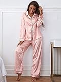 MITEHUAH Leoparden-Jacquard-Kontrast-Paspel-Patched-Taschen-Satin-Pyjamas-Set, langärmlige Nachtwäsche for Damen (Color : Coral Pink, Size : L)