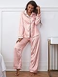 MITEHUAH Leoparden-Jacquard-Kontrast-Paspel-Patched-Taschen-Satin-Pyjamas-Set, langärmlige Nachtwäsche for Damen (Color : Coral Pink, Size : L)