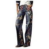 Jeans Damen High Waist Straight Jeanshose Breites Bein Drucken Loose Gerade Denim Hosen Y2K Style Vintage-Hose Teenager Mädchen Streetw