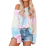 NIUYAN Damen Tie-Dye Sweatshirt Trägerloser Regenbogenpullover Langarmhemd Tinte Beiläufig Loose Top Damen Tunika Tops Tie Dye Print Pullover Langarm T Shirt Fall Casual Out Cold Shoulder B