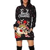 YRASILAND Weihnachtskleid Weihnachten Drucke Tasche Hüfttasche Lange Ärmel Hoodies Sweatshirts Kleid Partykleid Sexy Rot Partykleid Glitzer Abendkleid Langarm Maxi Winterkleid Damen Eleg