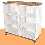 Regal aus 2 hohen weißen Kisten mit 2 Mittelbrettern und geflammten Bohlenbrett auf Rollen 79x80x31cm Obstkisten Weink