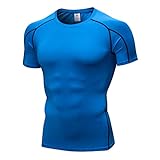 Julhold Funktionsshirt Sommershirt Tops Atmungsaktives Sportshirt Herren Kurzarmshirt Yoga Fitness Einfarbiger T-Shirt, Quick-Dry, Schnelltrocknend, Trainings-Shirt (Blau,S)