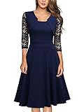 MIUSOL Damen Abendkleid Elegant Cocktailkleid Vintage Kleider 3/4 Arm mit Spitzen Knielang Party Kleid Navy Blau L