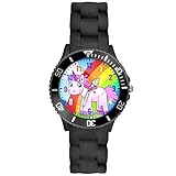 Taffstyle Kinder-Armbanduhr Analog Quarz mit Silikon-Armband Zahlen Einhorn Kinderuhr Lernuhr Sport-Uhr Rainbow Schw