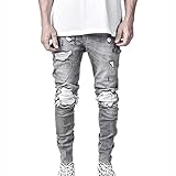 LaiYuTing Herren Slim Pants Trendy Herren Stretch Denim Hose Ripped Schwarz Jeans Männer, grau, 34-37