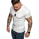 JinFZ Tshirt Herren Sommer Sport Muskelshirt Einfarbig V-Ausschnitt Wicking Breathable Laufshirt Bodybuilding Gym Running Outdoor Reise Herren Kurzarm C-White XXL