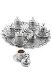 ihvan online Nostalgische türkische Kaffeetassen und Untertasse Set von 6 mit Serviertablett, Espressotasse Set, Perfekter Einweihungs Hochzeit Geschenke, Silb