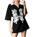 Frauen Mädchen Gothic Crop Top Tshirt Damen Polo Hemd Drachen T-Shirt T-Shirt Oberteil Grafikdruck Y2K Harajuku Kurzarm T-Shirts mit Rundem Hals Oversize Bluse Locker T S