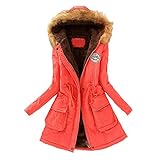 Parka Mantel Lange Dicker Baumwolljacke mit Fell wasserdichte Fleecejacke Damen Winter Kapuzenwindjacke Langarmjacke Funktionsjacke Mode Reine Farbe Übergangsjacke (Wassermelonenrot, XXXL)