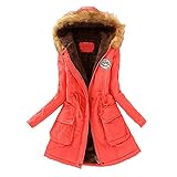 Damen Winter Parka Mantel Lange Dicker Baumwolljacke mit Fell wasserdichte Fleecejacke Kapuzenwindjacke Langarmjacke Funktionsjacke Mode Reine Farbe Übergangsjacke (Wassermelonenrot, XXXL)