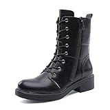 ALLOT Damen Mid Calf Military Combat Boots Round Toe Lace Up Distressed Ankle Bootie Low Heel Winter Motorradschuhe, Schwarz (Black Pu), 39 EU