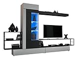 Wohnwand Pawiva, Anbauwand mit LED Beleuchtung, Mediawand, Schrankwand, Praktischer Fernsehschrank, Wandregal, TV-Lowboard, Vitrine (Perla Gray)