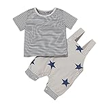 Infant Baby Jungen Kleidung Set Babykleidung Kinder-Kurzarmanzug Baumwolle Gestreiftes T-Shirt für Jungen + Overall mit Sternenprint Print Neugeborene Weiche Einfarbige Baby