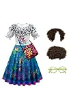 Seaehey Mirabel Madrigal Cosplay Kostüm Mirabel Kostüm Dress Up Requisiten Kopfbedeckung Isabela Madrigal Cosplay Halloween Kostüm Karneval Weihnachten Rock Tasche Perücke Brille, blau, M