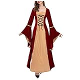 DorDerHEI Halloween Kostüm Damen Langarm Mittelalter Kleid Gebunden Taille Maxikleid Gothic Retro Kleid Prinzessin Renaissance Cosplay Dress Party Festlich Halloween Karneval Kostüm Gothic (Rot, XXL)