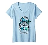 Damen MomLife MomLife Haarknoten, Leopardenmuster, lustige Mutter T-Shirt mit V