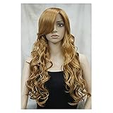 YZERTLH Perücke Frauen goldene gelbe Perücke realistische Lange lockige Haare mit schrägen Pony-Perücken geeignet für Bühnenaufführende Fotografie-Party Wig