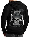 Rebel on Wheels Herren Zip Hoodie Sweat-Jacke mit Kapuze Kapuzen-Jacke mit Motiv Totenkopf Skull Biker Motorrad German Oldschool Motorcycle Schwarz XL