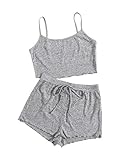 DIDK Damen Shorts und Top Sets 2 Piece Spaghettiträger Bauchfrei Tops Camisole Kurze Hose Hauseanzug Kombi 2-Teiler Home Set Grau S