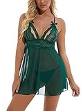 Damen Sexy Dessous, Nachtwäsche, Spaghettiträger, Spitze, ärmellos, Slip-Kleid, weiches Camisole Schlafkleid, D-dunkelgrün, 46