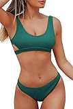 CUPSHE Damen Bikini Set U Ausschnitt Rückenfrei Bandeau Bikini Gerippte Bademode Cut-Out Zweiteiliger Badeanzug Blaugrün M