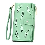 UTO Damen Geldbörse RFID Block PU Leder Blattdekoration Kupplung 21 Kartensteckplätze Halter Organizer Grü