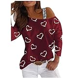 Briskorry Langarmshirt Damen Schulterfrei Langarm Tops Off-Shoulder Sweatshirt Heart Bronzing Pattern Bluse Ob
