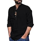 Langarm T-Shirts Hemden Herren Baumwolle Freizeithemden Leinenhemd Sommer V-Neck Oberteil Casual Bluse Loose Herrenhemd Tee Tops für Party Alltag Geeignet S
