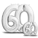 Luftballons 60. Geburtstag XXL Silber - Riesen Folienballon in 2 Größen 40' & 16' - 101cm + 40cm Geburtstagsdeko Set - Vier Zahlen - Ideal als Deko - fliegt mit H