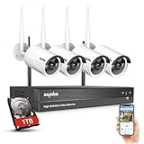 SANNCE WLAN Überwachungskamera Aussen Set Personenerkennung 8CH Videoüberwachung mit 4X 2MP Kabellose WiFi Kamera Outdoor 1080P Funk Überwachungssystem und 1TB HDD NVR, IR Nachtsicht, IP66 W