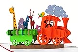 MOKIO® Pop-Up Geburtstagskarte – Dampflok Karte für Kinder: Eisenbahn mit bunten Tieren – 3D Karte zum Geburtstag, handgefertigte Klappkarte mit Umschlag