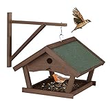 Relaxdays Vogelfutterhaus Holz, Futterhaus zum Aufhängen, HBT: 35x42,5x40,5 cm, Futterstelle für Wildvögel, dunkelb