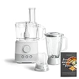 Food Processor 1000 W, 1,5 L Behälter, inkl. 4 Schneidescheiben, Messereinsatz, Knethacken, 150 ml Mini-Zerkleinerer, Rezeptheft - Weiß