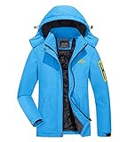 KEFITEVD Wanderjacke Damen Warm Outdoor Winterjacke Fleece Gefüttert Jacke Damen Übergangsjacke Wasserdicht Skijacke mit Kapuze Stehkragen Schneejacke Hellblau M